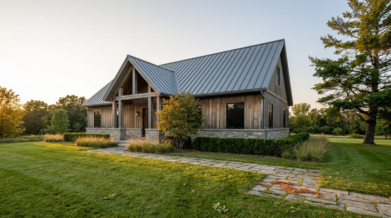Stone-and-timber lodge facade with a steep gray metal roof, beyond a broad lawn and stone walkway.