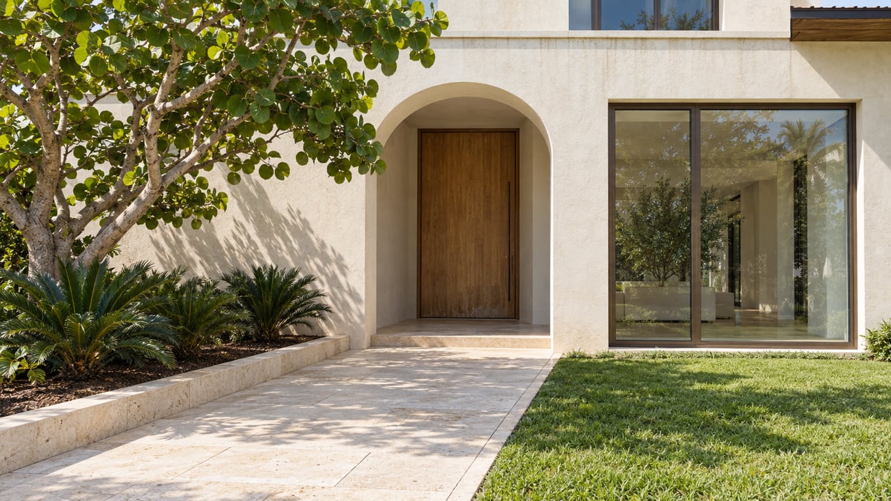 Cream stucco home with a recessed arched oak doorway, bronze-framed glazing and a pale limestone approach beside a sculptural sea grape tree.