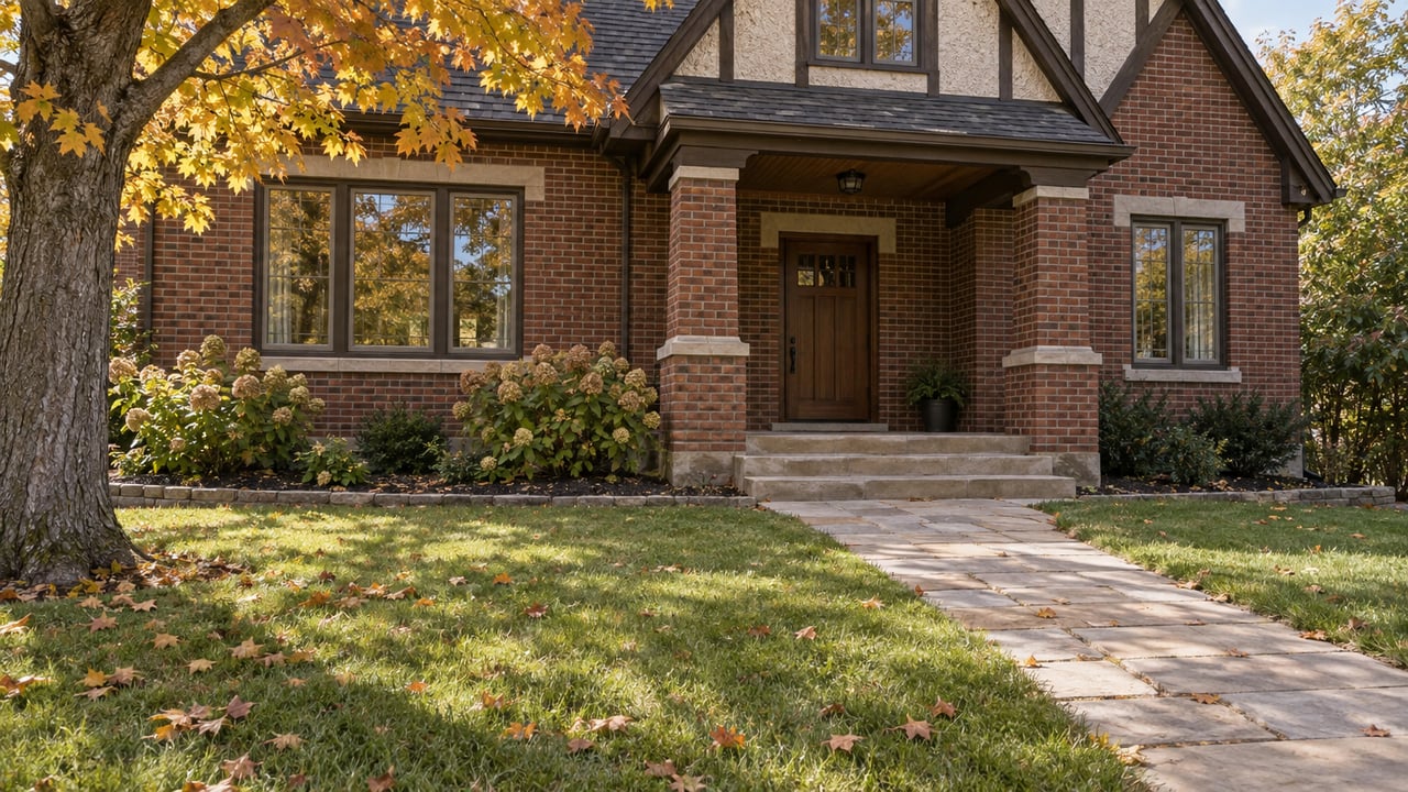 Brick home with steep gables, a covered sandstone porch and a deep autumn front garden.