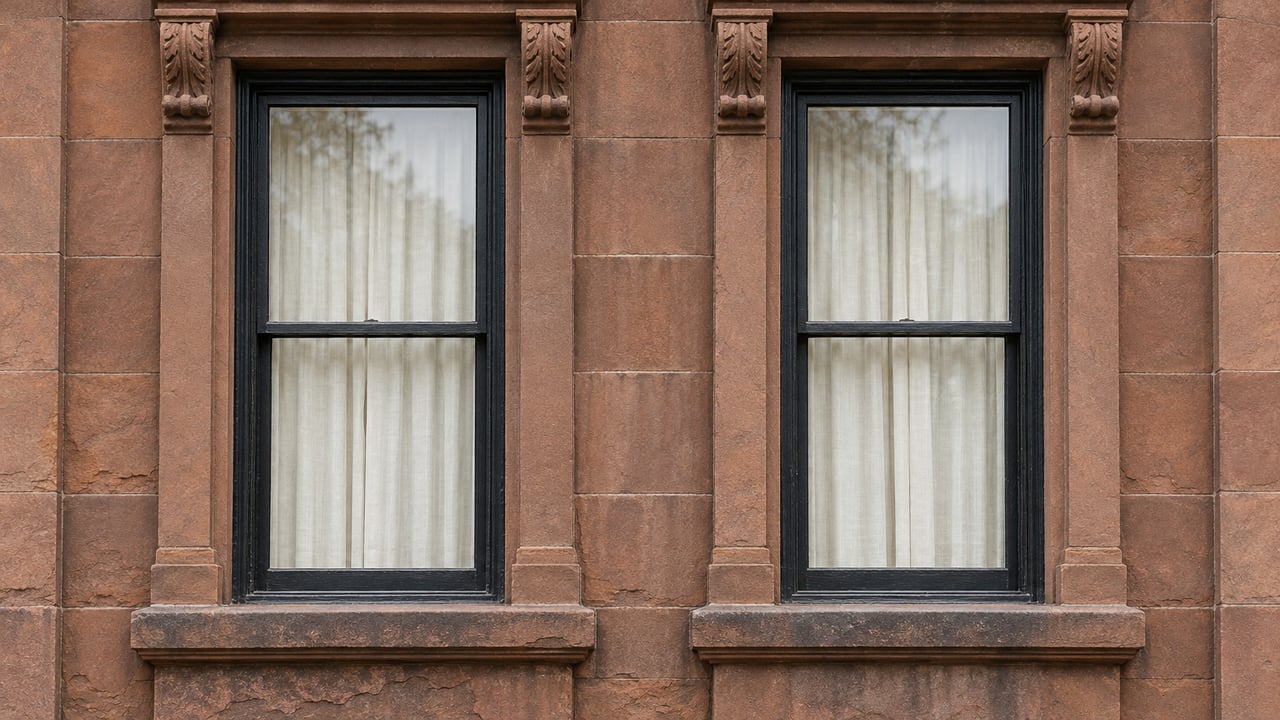 Two black timber sash windows with ivory curtains set into a weathered brownstone townhouse facade.
