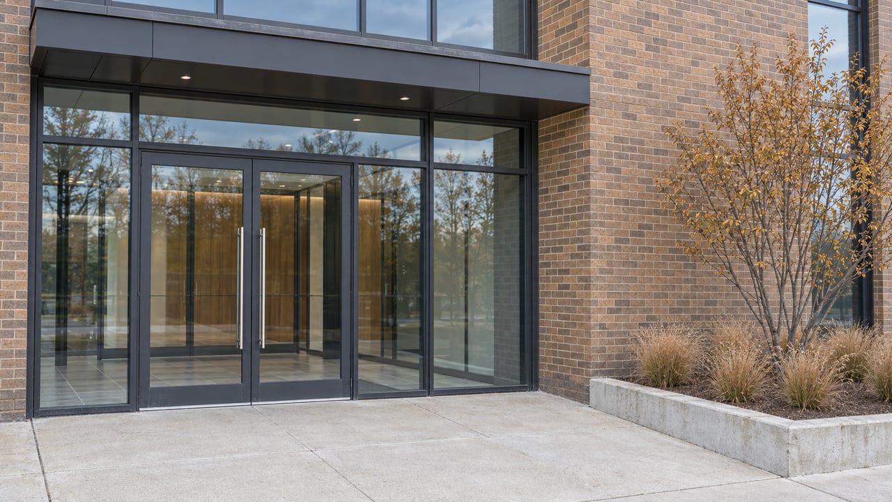 Tan-brown brick office entrance with paired glass doors, a dark canopy, and an autumn serviceberry in a raised concrete planting bed.