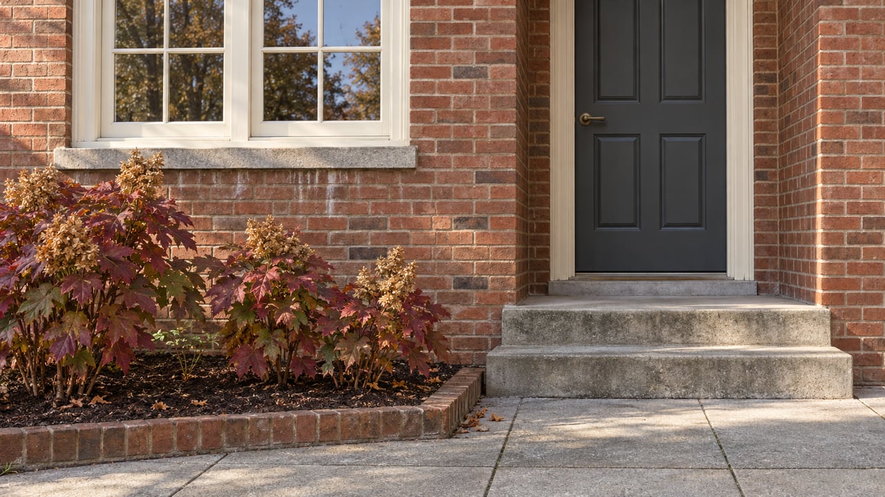 Red-brown brick townhouse entry with cream window trim, charcoal door, weathered concrete steps, and burgundy oakleaf hydrangeas.