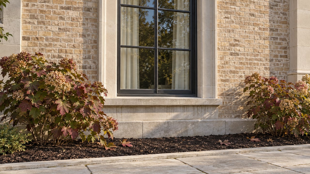 Buff brick and cream limestone estate facade with a tall steel-framed window and bronze-leaved oakleaf hydrangeas beside a stone walk.