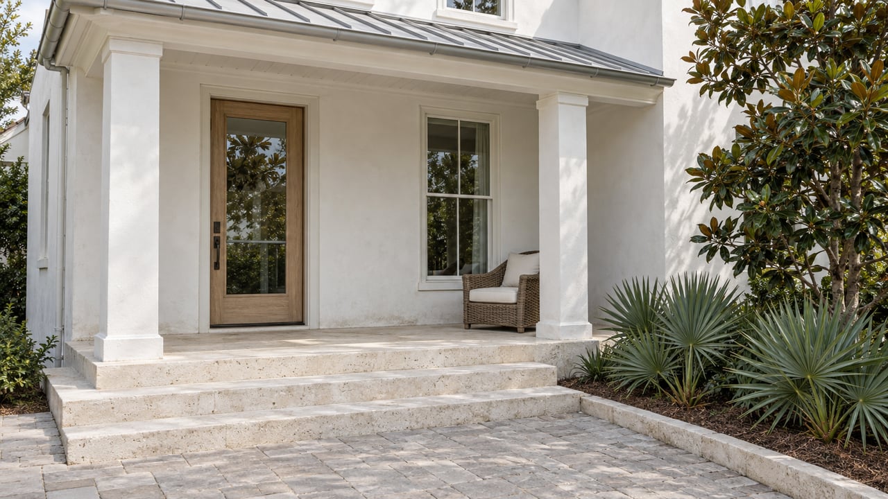 White stucco home with a covered limestone porch, glazed oak entry door, and curated blue-green planting beside a stone approach.