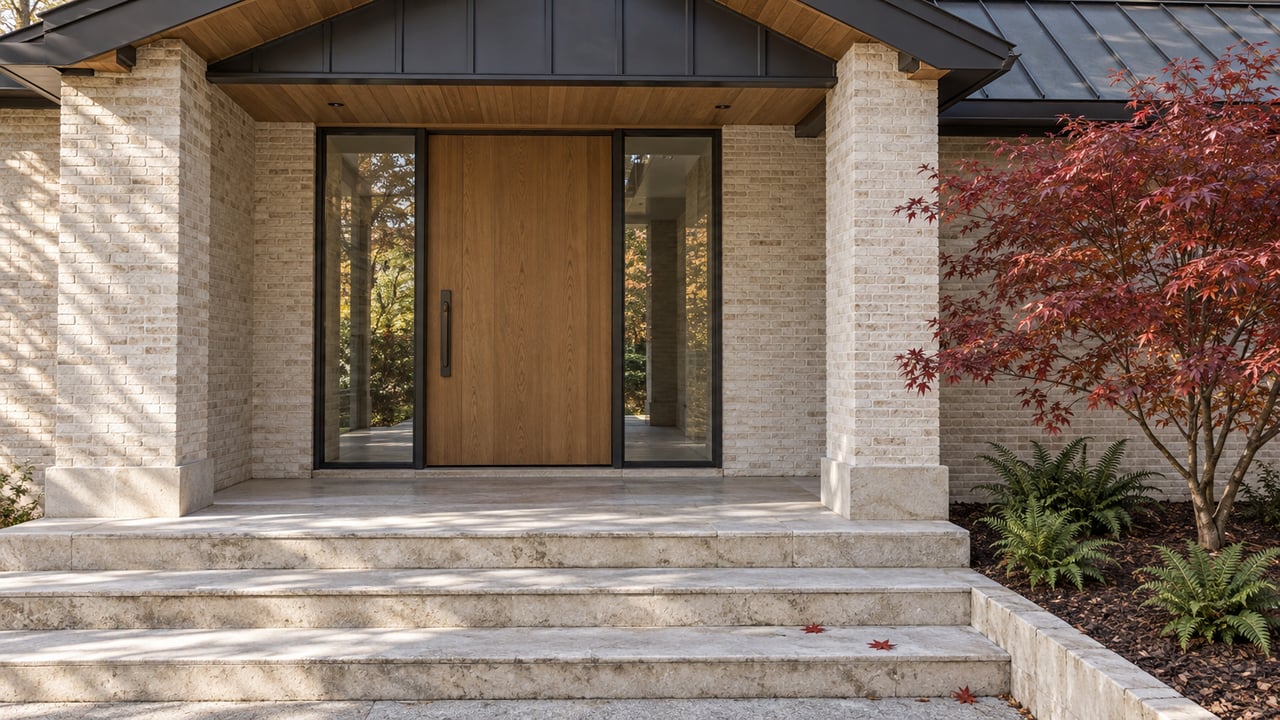 Cream brick home entry with an oak door, paired glass sidelights, limestone steps, and a red autumn maple.