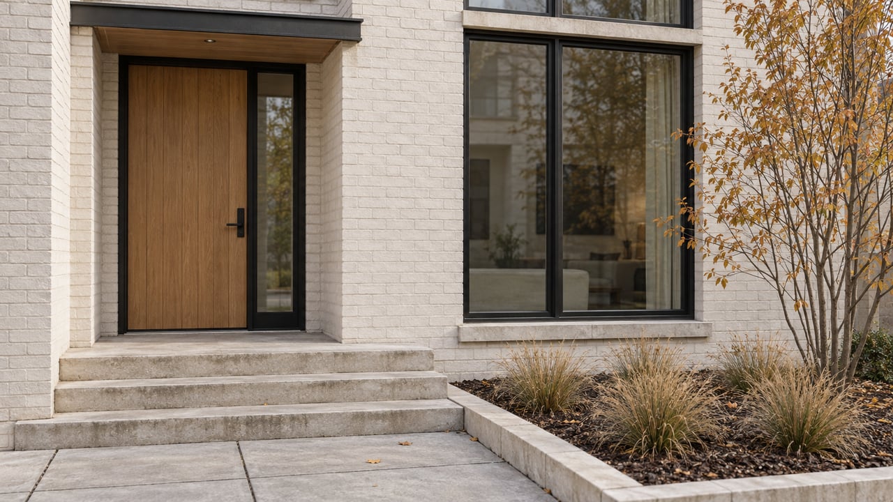 Luxury attached-home entrance with an oak door, white-painted brick, black-framed windows and limestone steps beside autumn serviceberry planting.