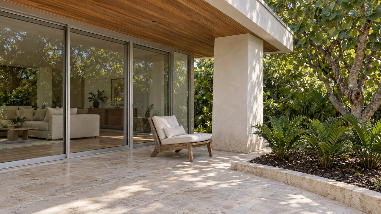 Covered patio with pale limestone flooring, warm wood soffit and closed sliding glass beside a mature sea grape and coontie planting bed.