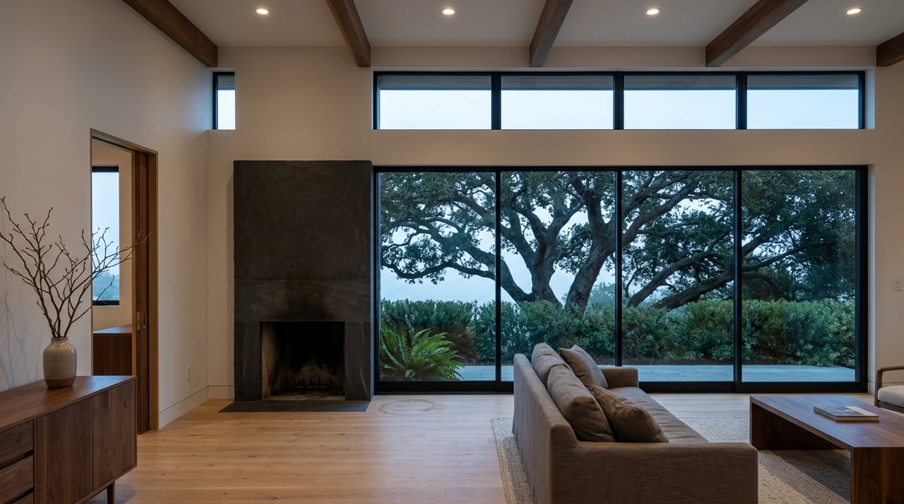 Double-height great room with a basalt fireplace, gray sofa, walnut beams, and a live oak beyond the glass wall.