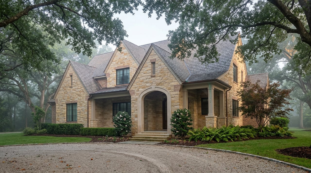 Stone-and-brick manor beneath a dense oak canopy, with a gravel court, mist, and warm shafts of light.