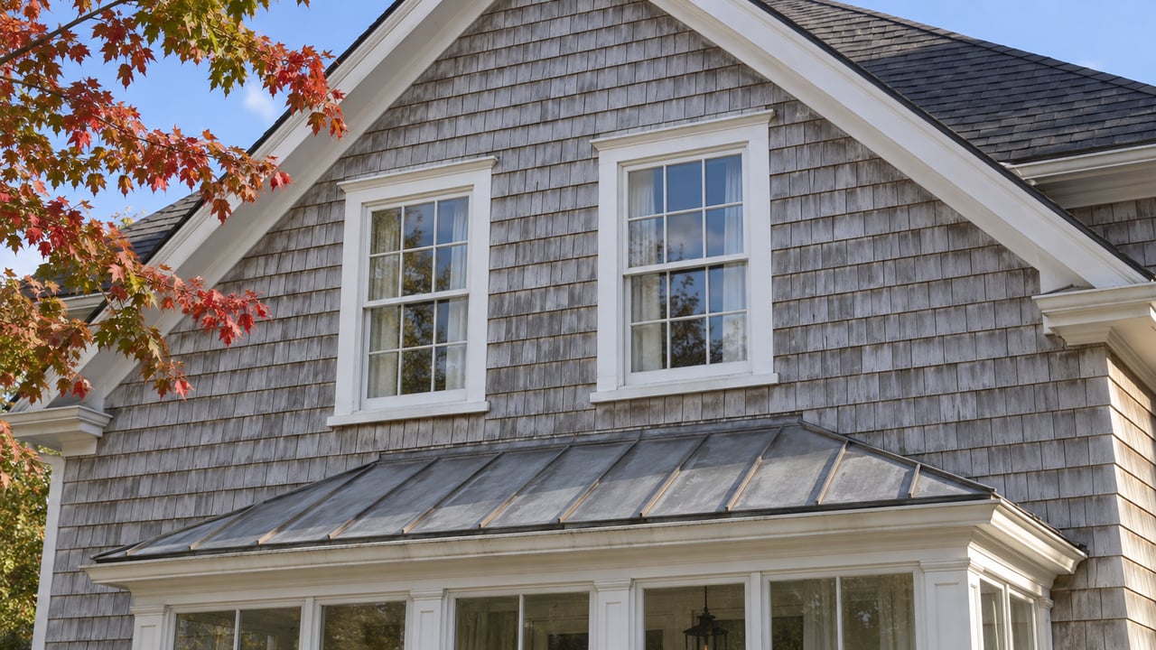 Weathered pale cedar shingles, paired white sash windows and a metal entry roof beneath an autumn maple branch.