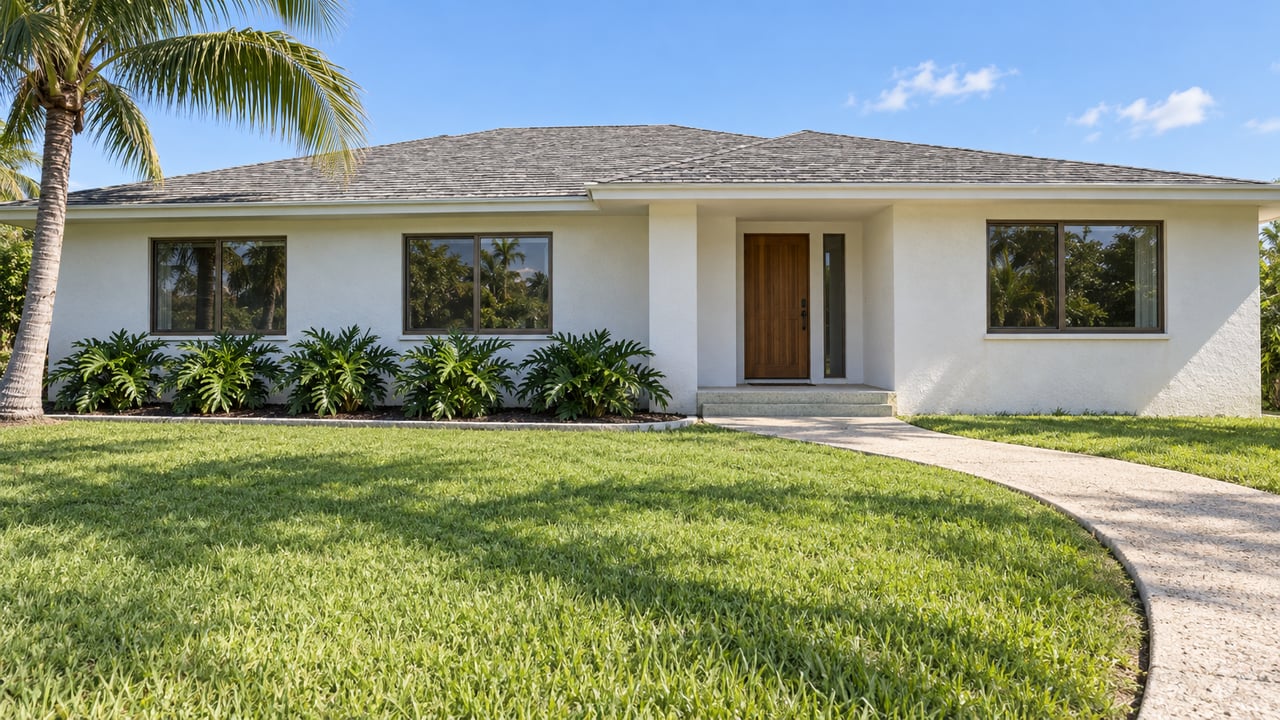 A low white stucco home with bronze-framed windows, a gray shingle roof, broad lawn and a mature coconut palm in bright daylight.