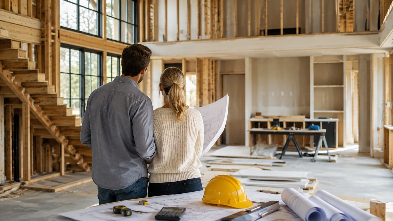 A luxury home under construction in Tennessee with homeowners reviewing architectural plans inside a partially finished residence, highlighting the planning, permits, upgrades, and unexpected costs involved in building a custom high-end home.
