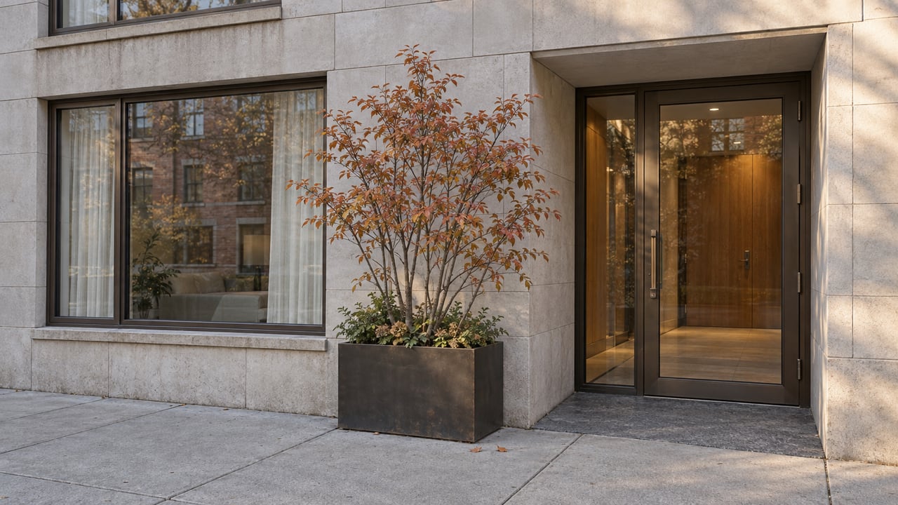 Pale limestone apartment entrance with bronze-framed glass, an autumn serviceberry planter, and softly lit concrete sidewalk.