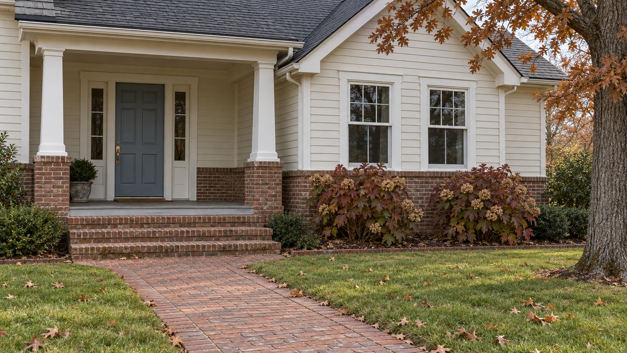 Autumn lawn and brick walk leading to a covered entry on a cream clapboard and red-brick home, beside a mature white oak.
