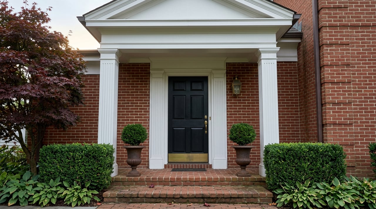 Brick entry steps lead to a black paneled door framed by white pilasters and clipped hedges.
