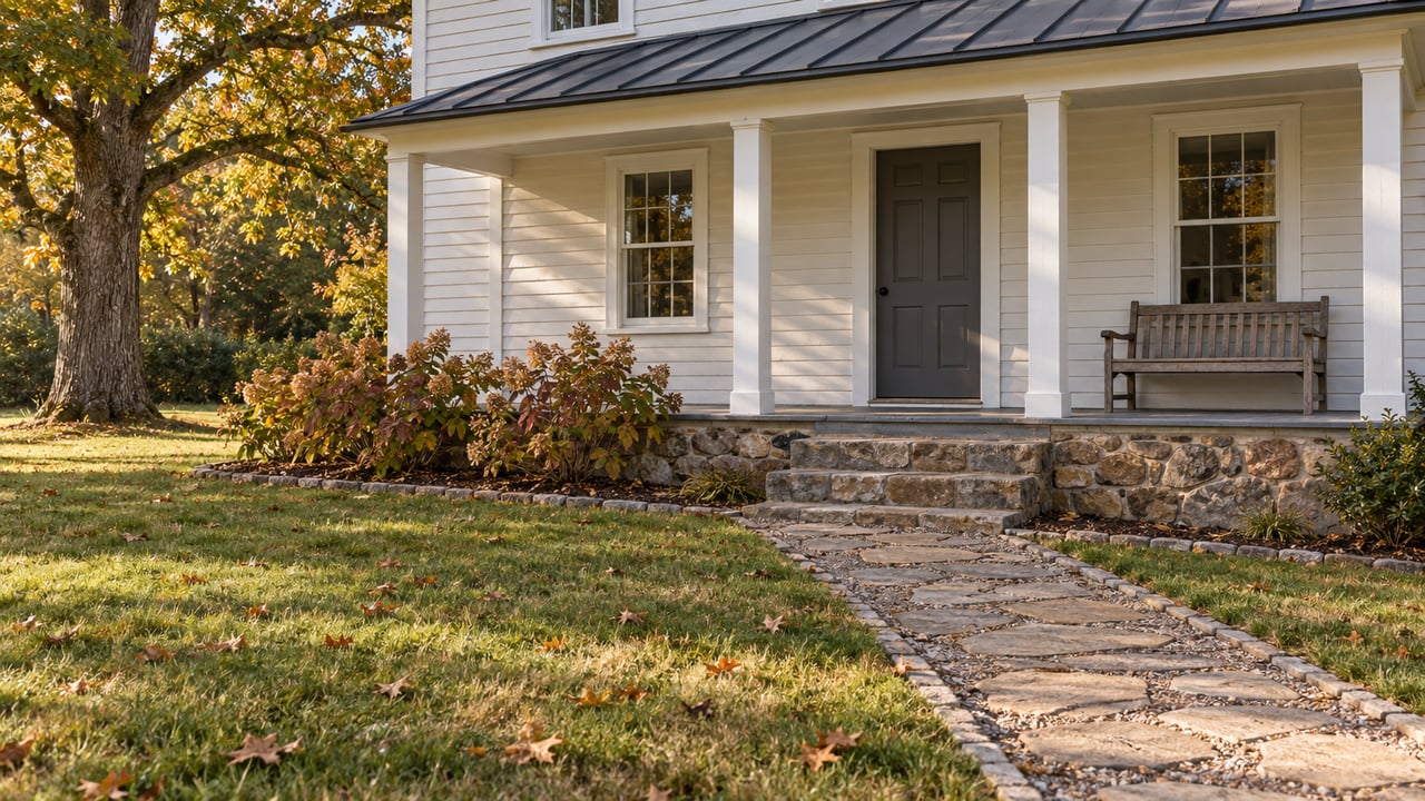 White-sided house with stone steps, a wooden porch bench, and an autumn tree beside the walkway.