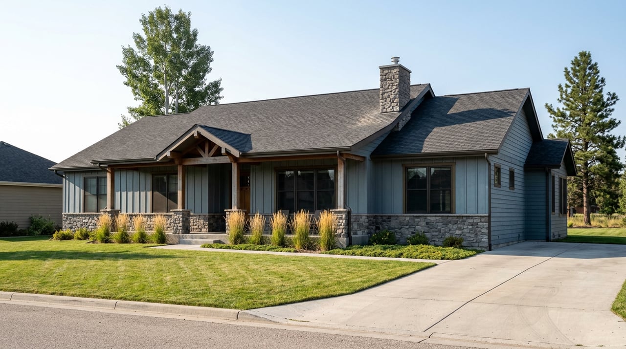 Single-level blue-gray home with stone veneer, timber porch posts, broad lawn, and tall trees.