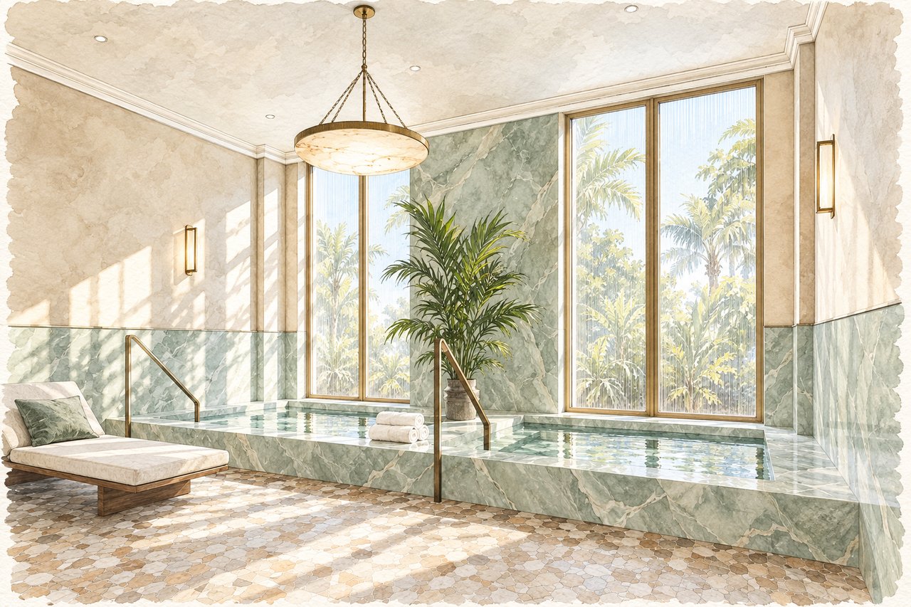 Indoor spa pool with green marble surrounds, palm-view windows, and a cushioned chaise lounge.