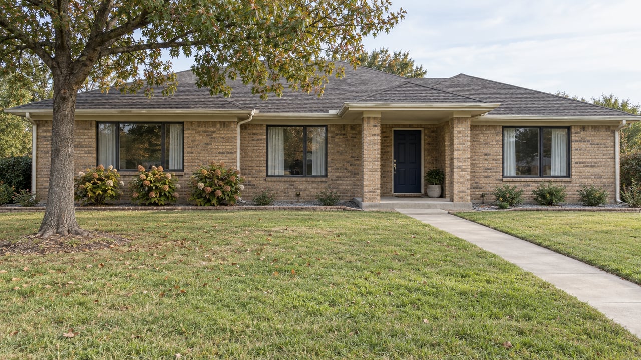 A low buff-brick house with a navy entry door, broad front lawn and mature spreading oak in soft daylight.