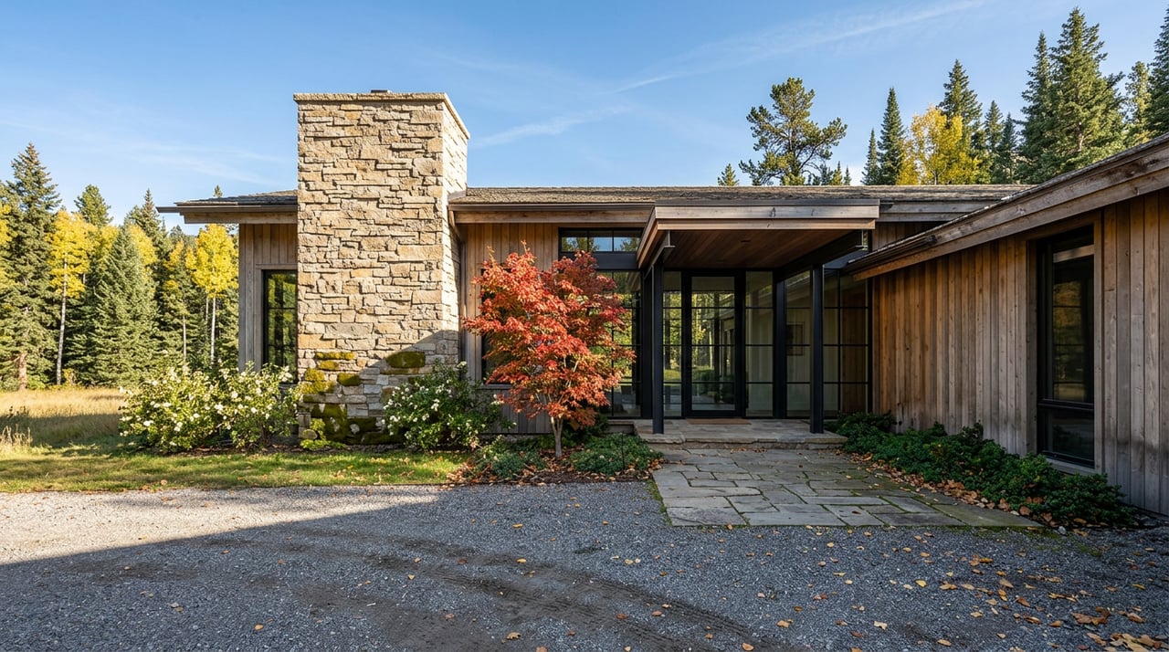 Mountain estate with a stacked-stone chimney, cedar siding, black-framed windows, and red-orange maple beside the entry.
