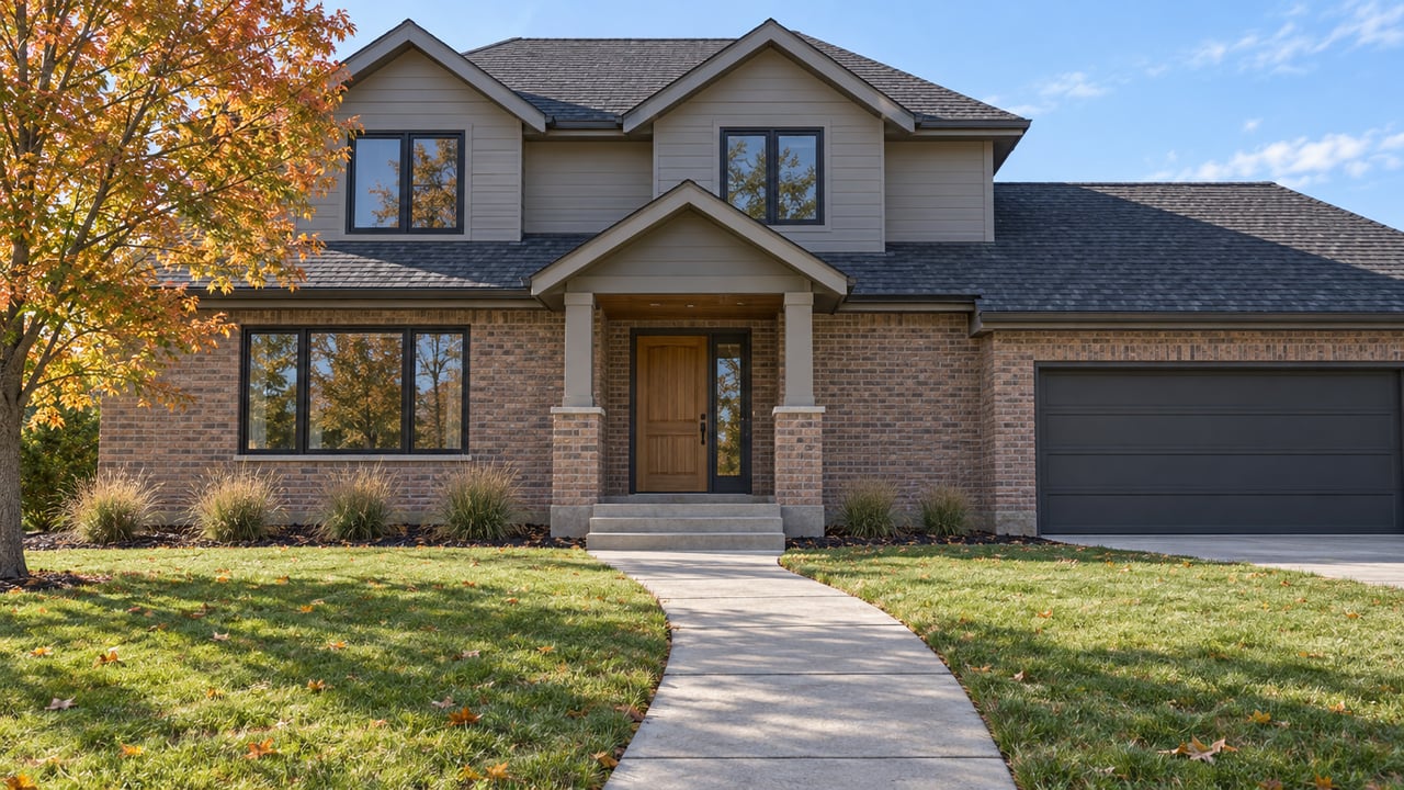 Gabled brick and gray-sided home beyond an autumn lawn, with a recessed wood entry and an orange-leaved maple.