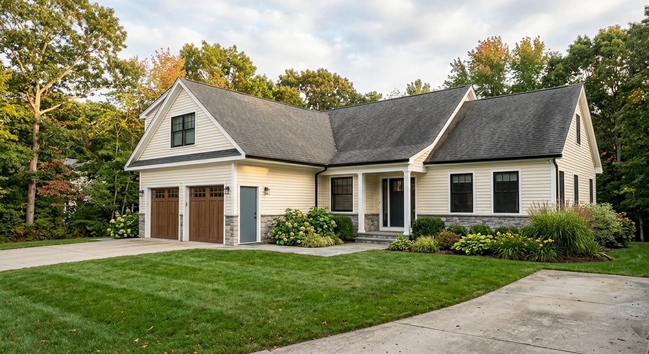 Suburban house with two taupe paneled garage doors, a broad front lawn, and foundation plantings.