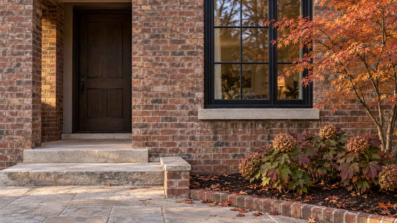 Brick house entrance with limestone steps, black-framed window, and copper-orange Japanese maple.