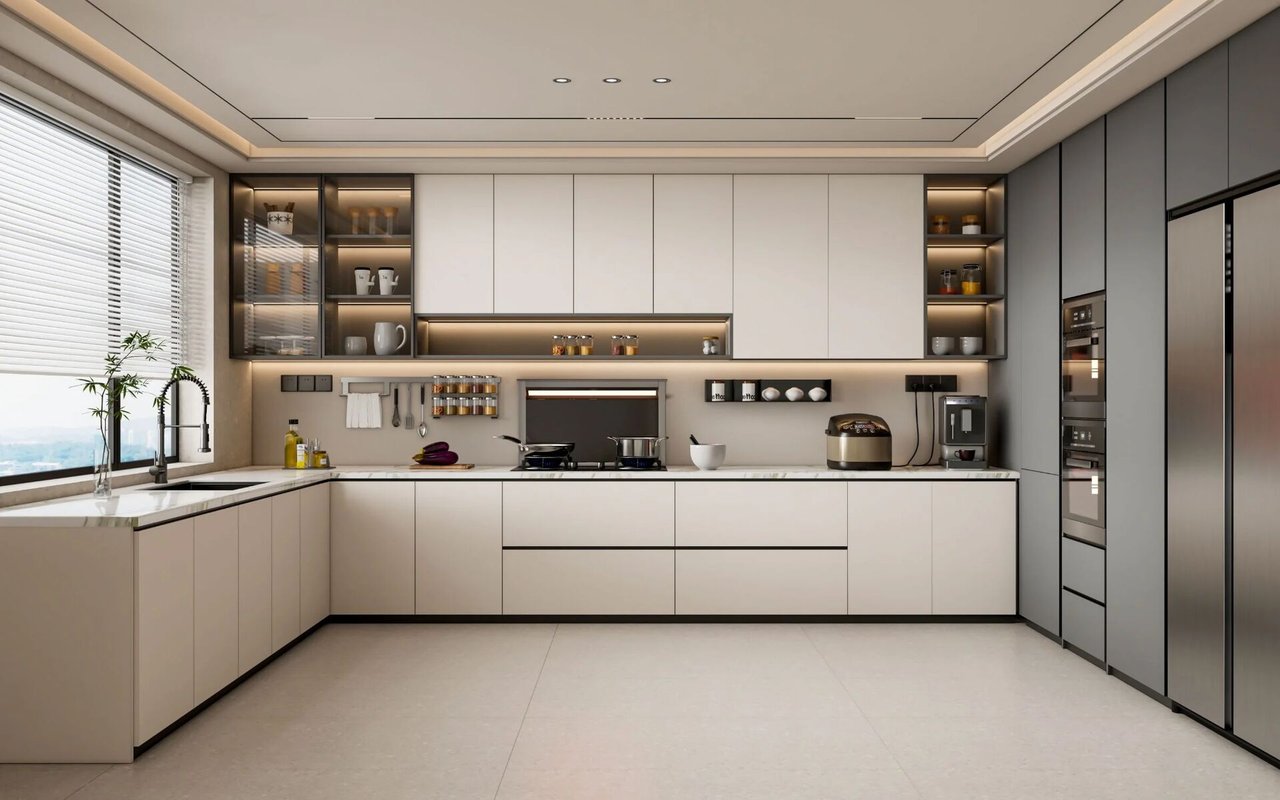 Modern kitchen with pale cabinetry, white counters, glass-front shelves, and built-in ovens.