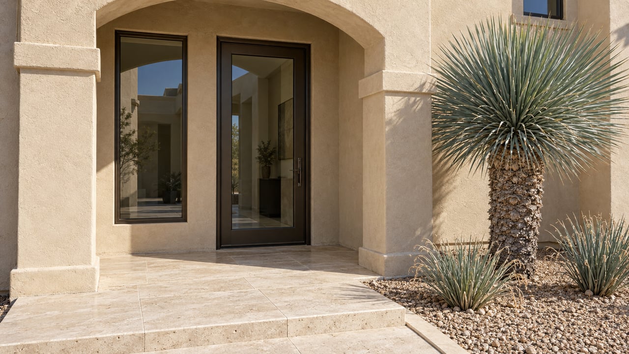 Sand-colored stucco entry with an arched recess, bronze-framed glass door, limestone paving and sculptural blue-green desert plants.