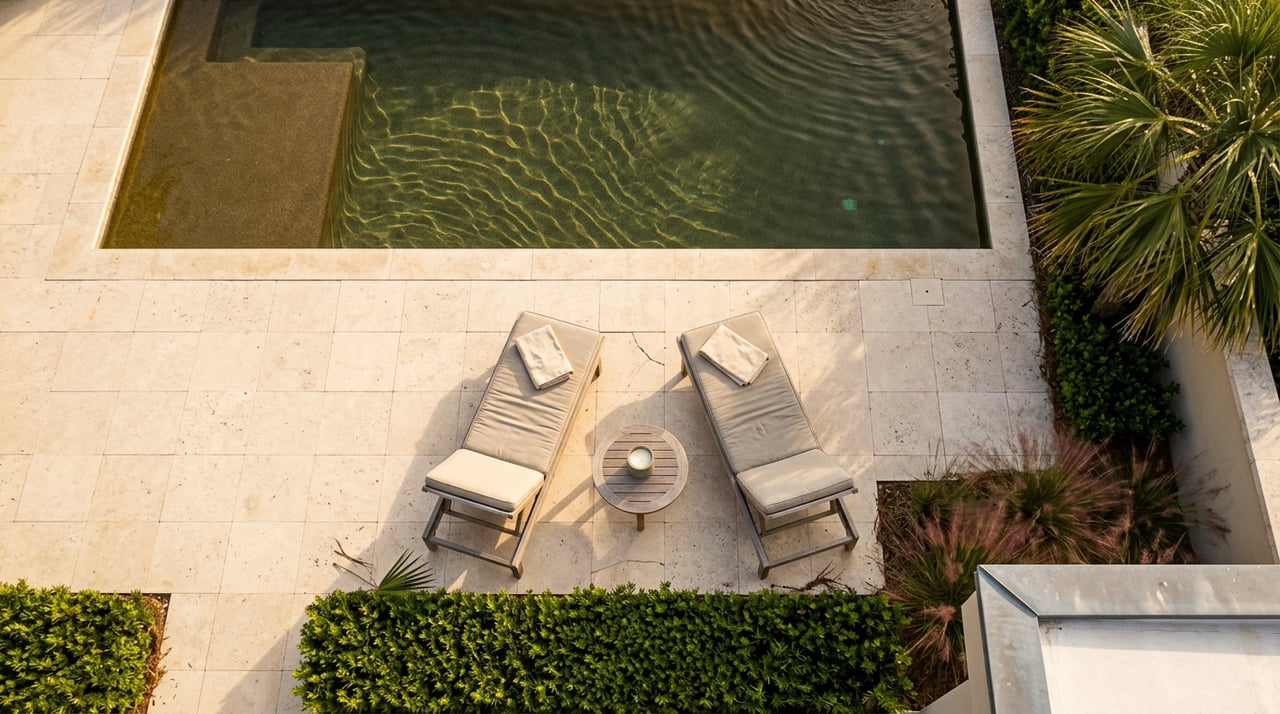 Near-overhead view of a rectangular pool beside a travertine terrace with teak loungers and a clipped hedge.