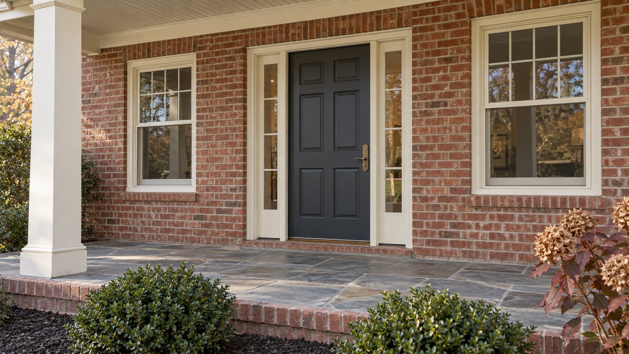 Warm afternoon light across a brick home's covered porch, charcoal front door, cream trim and autumn planting.