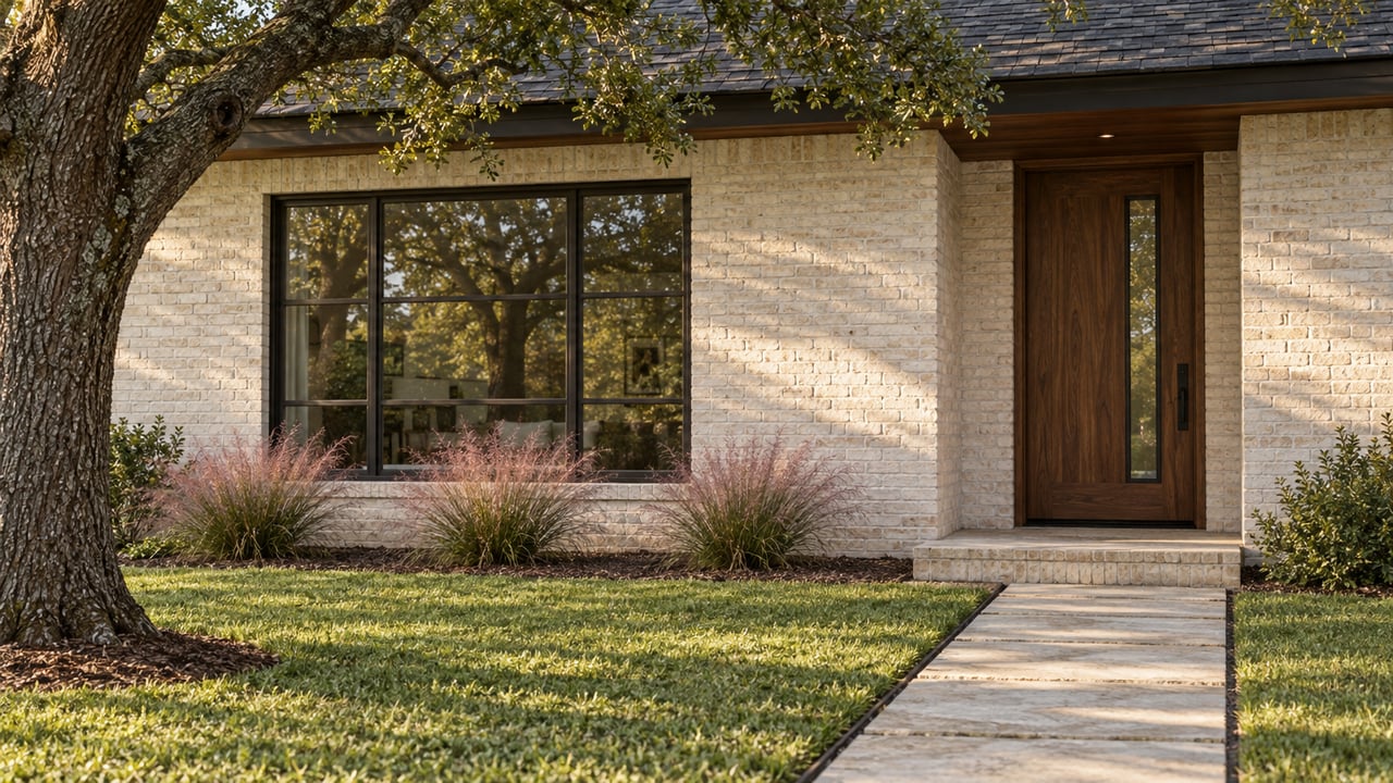 Cream brick house entry with a bronze picture window, walnut door, limestone path, and spreading oak.