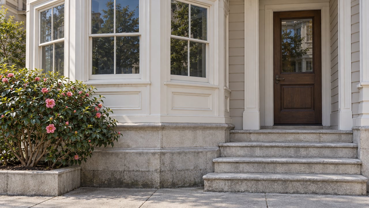 Sunlight on a white-painted bay window and recessed oak entrance above worn limestone steps, with a single camellia beside the entry.
