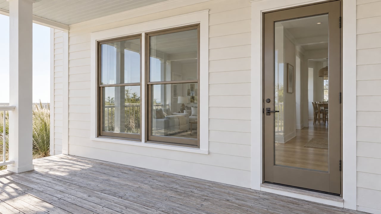 Elevated porch with a glazed entry door and paired sash window above weathered gray decking.