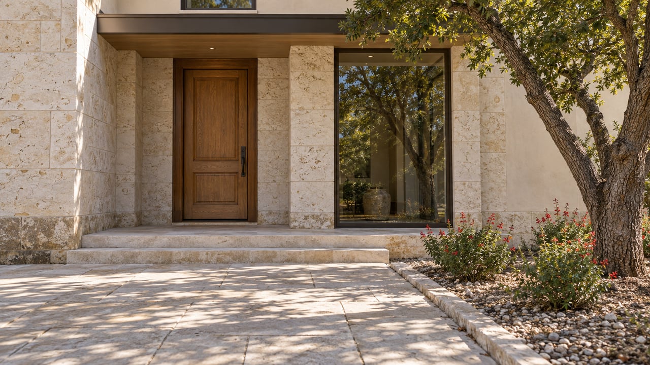 A recessed oak entrance surrounded by pale limestone and ivory stucco, with worn stone approach slabs and a mature live oak beside a planted bed.
