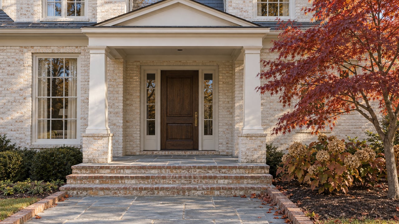 An ivory brick home with a columned entry, worn stone approach and copper-red maple leaves in autumn sunlight.