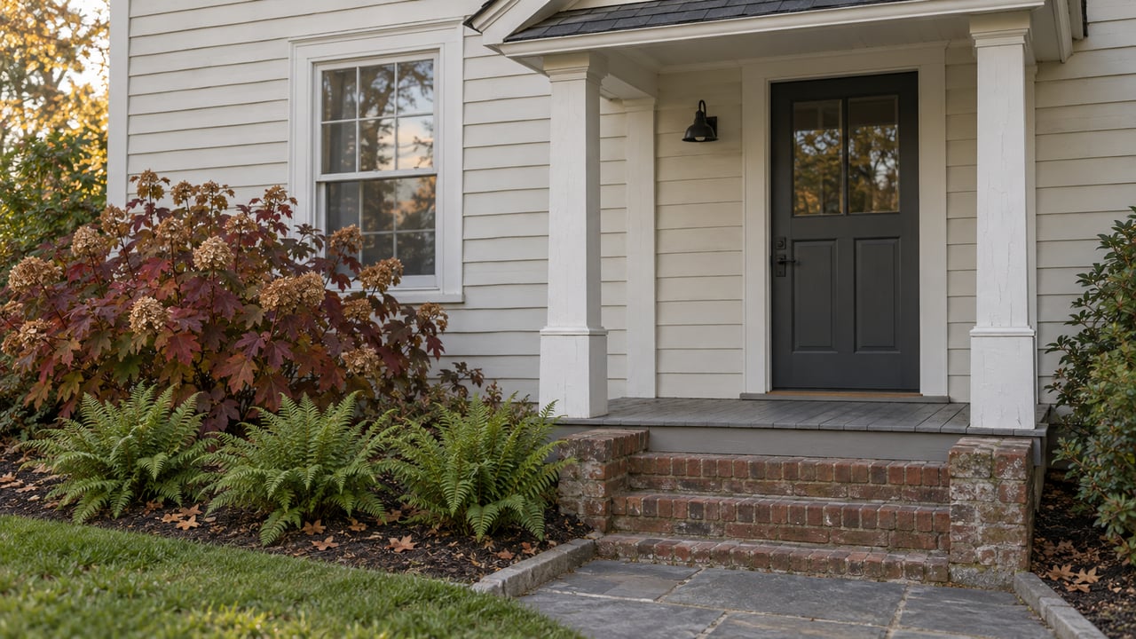 An off-white clapboard home's covered entry, brick steps and bluestone walk beside autumn oakleaf hydrangea.