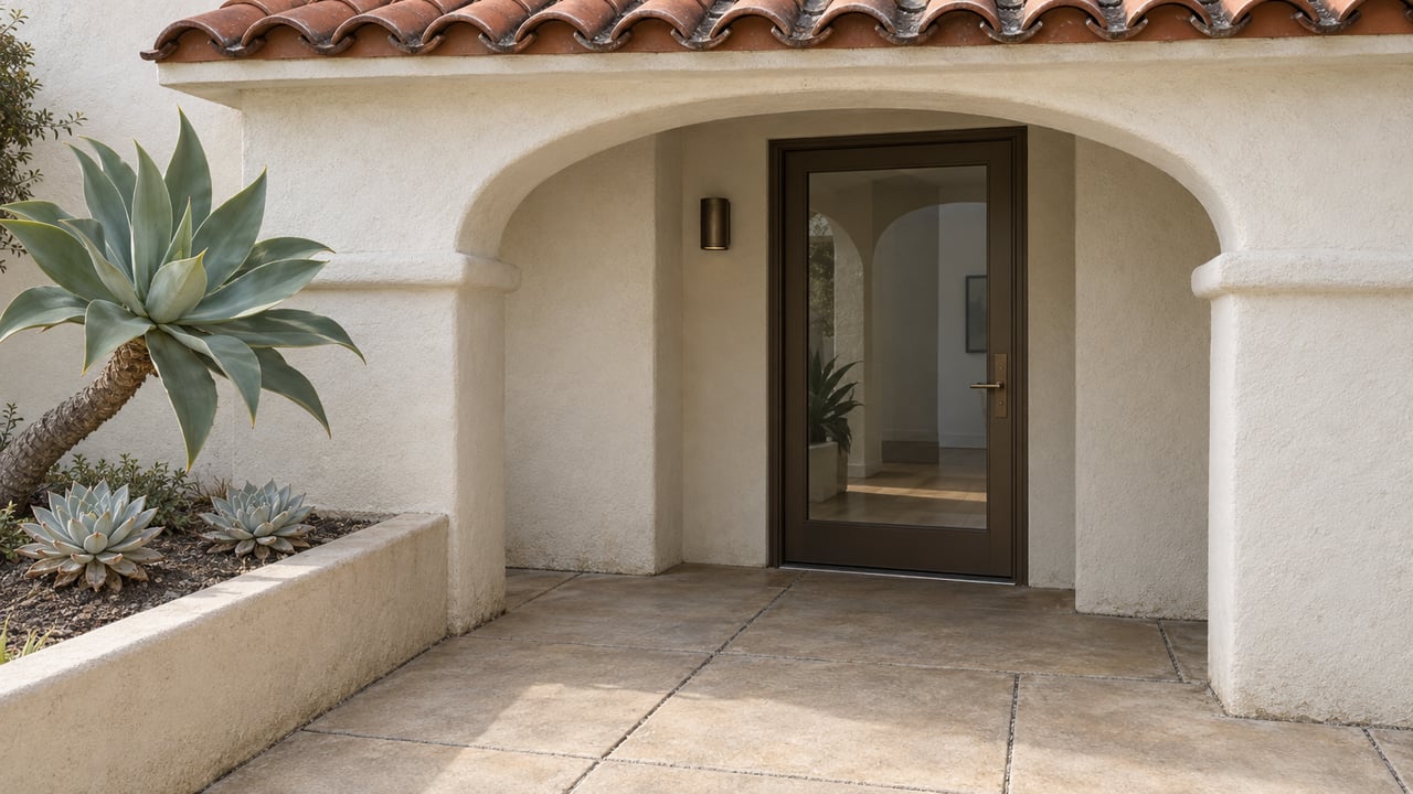 Clay-tile-covered stucco entry with a bronze-framed glass door, sand-colored paving and a raised bed of sculptural succulents.