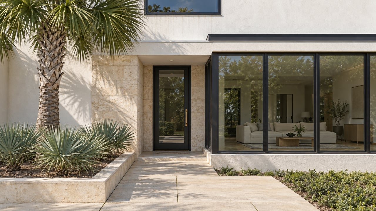 Sunlit pale-stucco home with a limestone entry, black-framed glazing and silver-blue palmettos beside a raised planting bed.