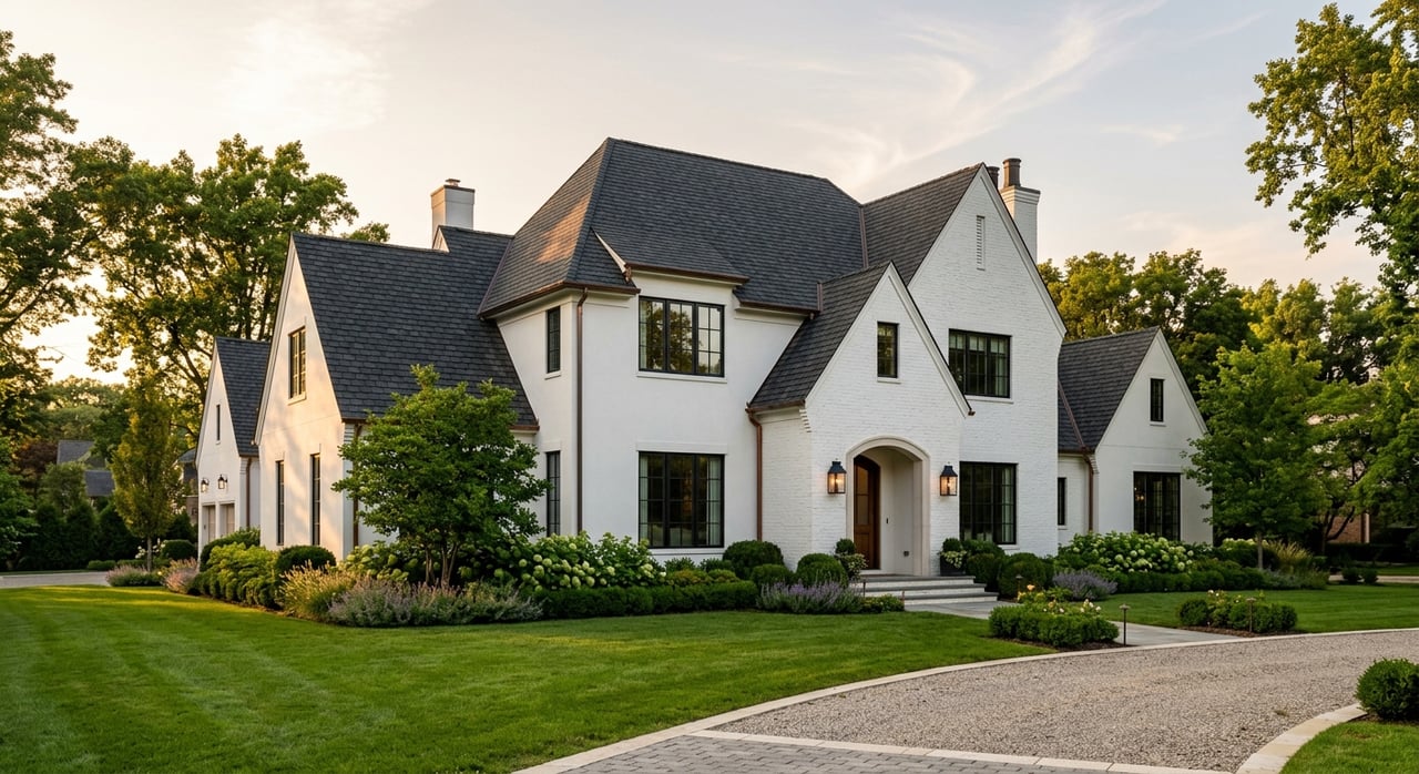 Modern white-and-brick house with an oak front door, bluestone walk, and curving driveway framed by trees.