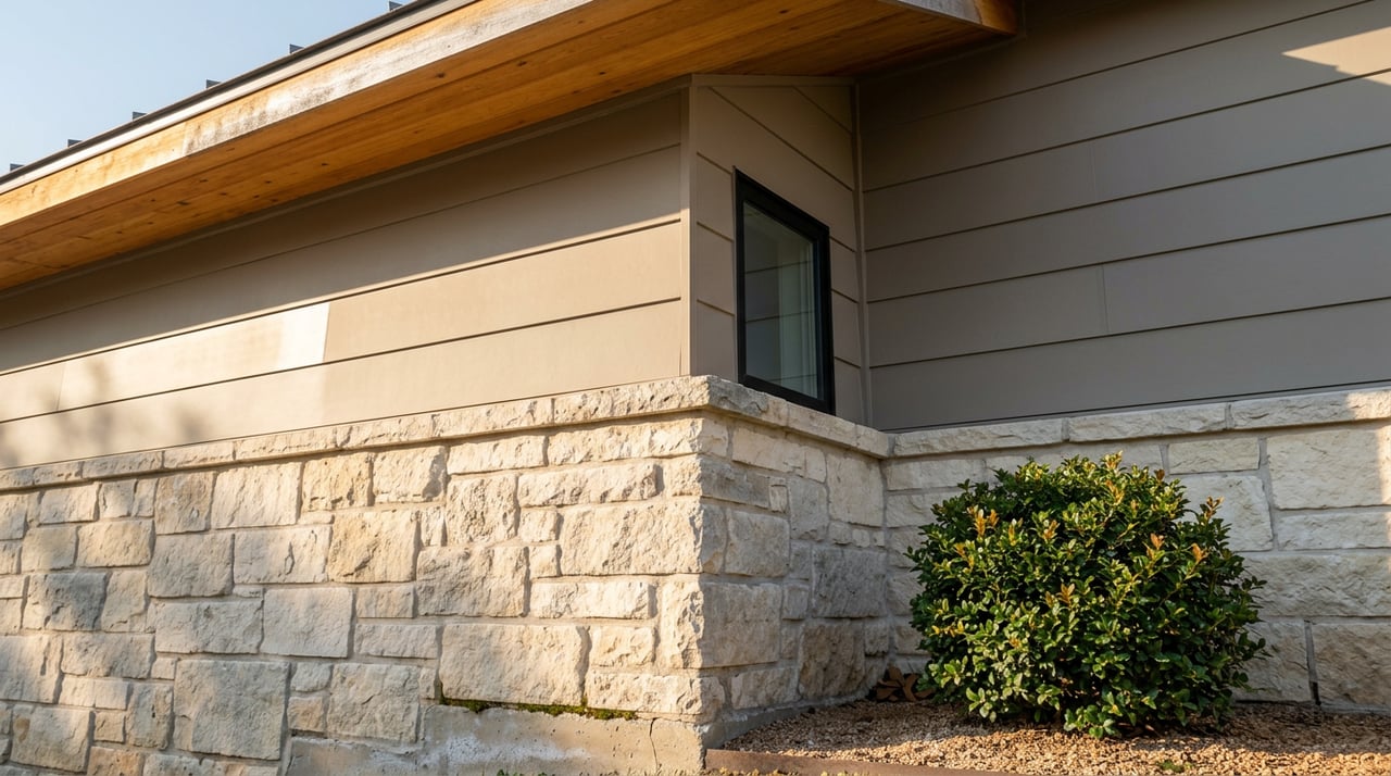 Close-up of limestone masonry meeting greige siding beside a black corner window and cedar eave.