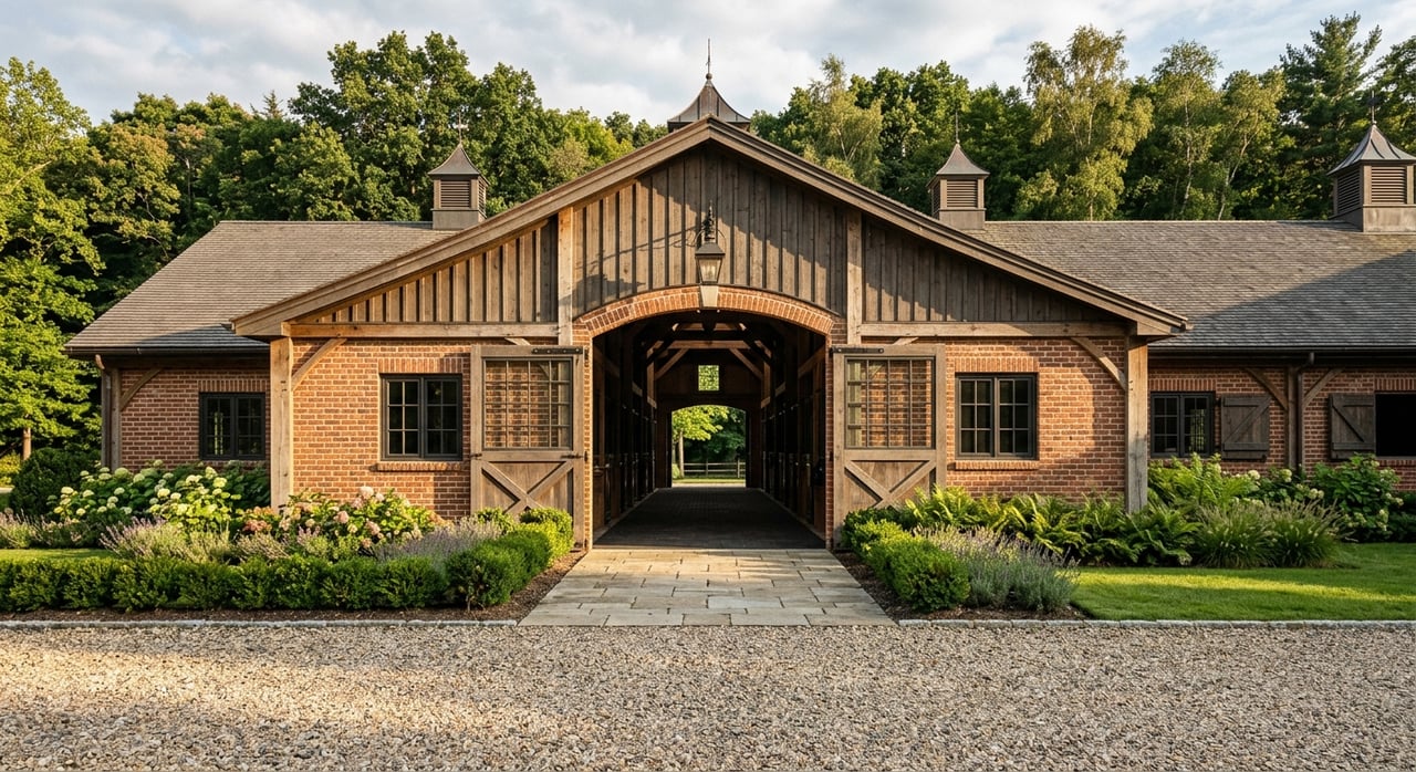 White-and-brick horse barn with open cedar doors revealing a central aisle and black stall fronts.