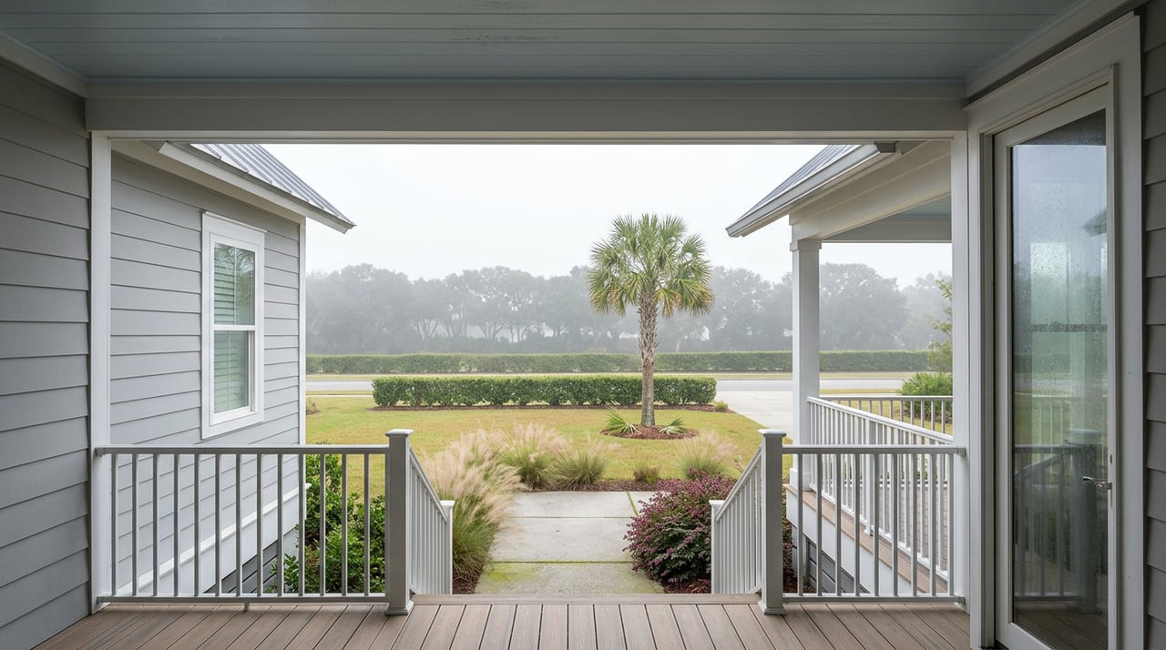 Raised coastal cottage porch overlooks a yard with a palmetto, grasses, and a clipped hedge.