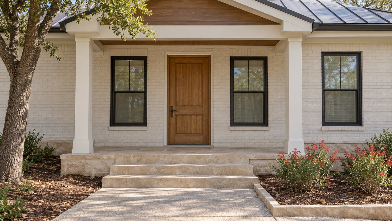 Warm-white brick home with an oak front door, paired dark-framed windows, limestone porch steps and red-flowering sage.
