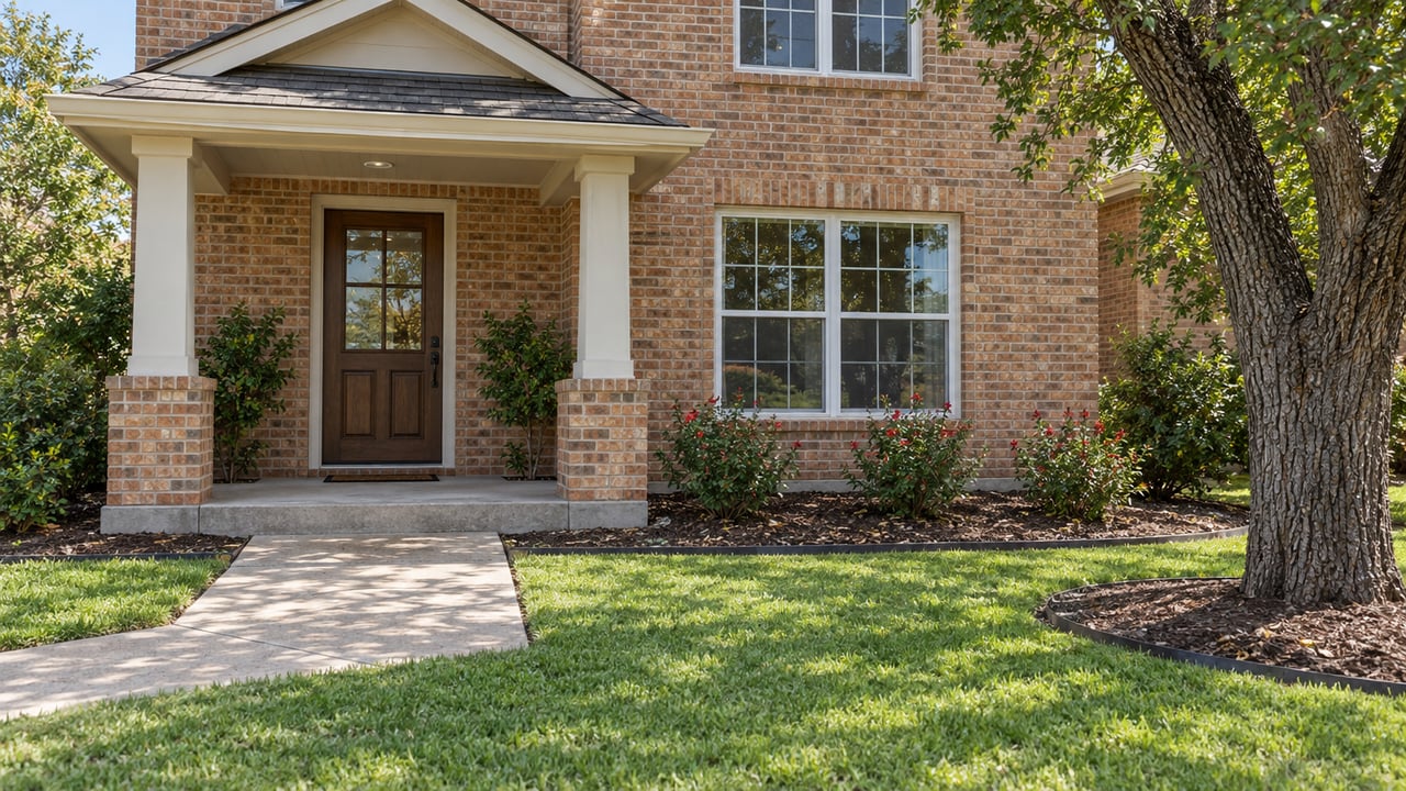 Sunlit brick home with gridded windows, a sheltered wood-toned front door, concrete approach, mown lawn and an established oak.