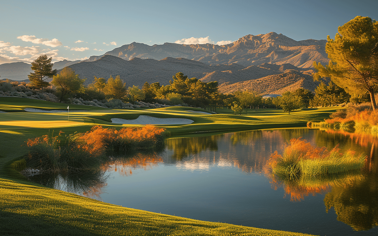 Golf course and reflective pond beneath mountain ridges, framed by autumn foliage.