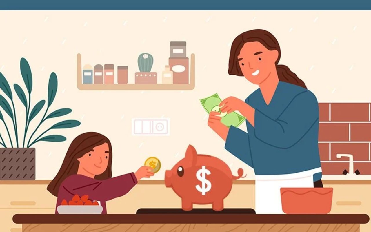 A woman and child save money together, adding cash and a coin to a dollar-sign piggy bank.