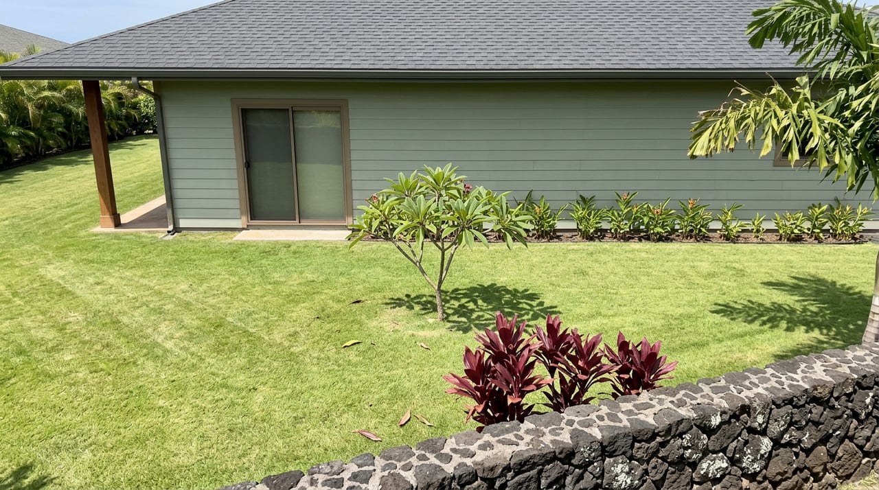 Open lawn with faint mower stripes leads to a sage-sided home, framed by a plumeria and palm.