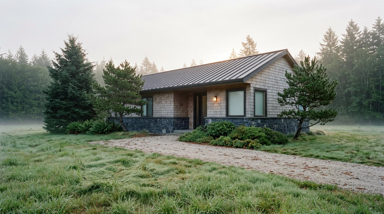 A stone-and-cedar home beyond a foggy meadow, with a gravel path and dark treeline.