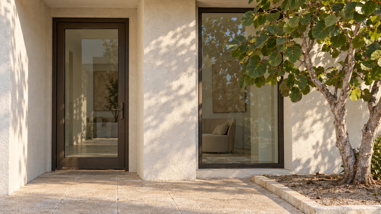 Sunlit contemporary home entrance with dark bronze glazing, textured pale paving and a sea-grape tree beside a bordered planting bed.